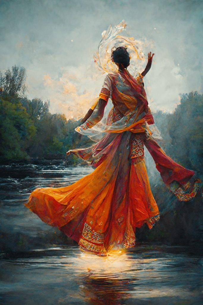 An Apsaras, a Hindu mythological water fairy, dancing above a lake