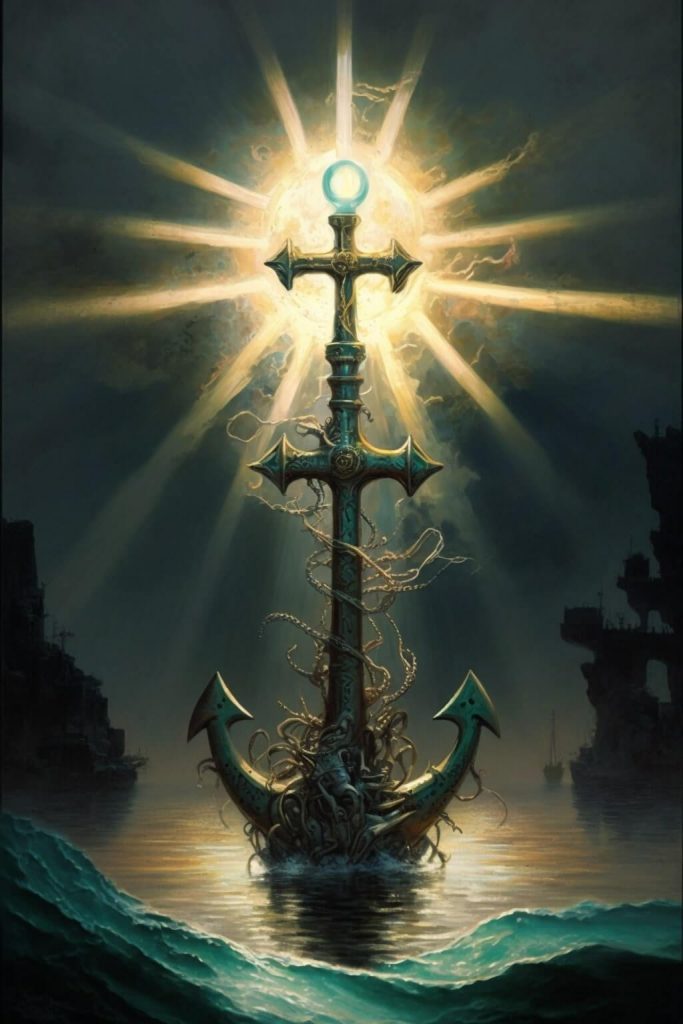 The anchor is a solid body, its weight holding the ship fast, the lanchor was taken to symbolize firmness, solidity, tranquillity and faithfulness. 

It holds firm and steady amid the flux of the elements and comes to symbolyze the stable part of our being, the quality which enables us to keep a clear mind amid the confusion of sensation and emotion.

Another possible interpretation, the anchor symbolizes a constraint that prevents self-fulfillment.